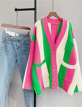 Unilexi Womens Loose Long Sleeve Rainbow Striped Cardigans